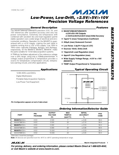 Maxim MAX873/MAX875/MAX876 Precision Voltage References Datasheet - cover page