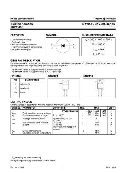 Philips BYV29F/BYV29X Series Ultrafast Rectifier Diode Datasheet - cover page