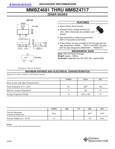 General Semiconductor MMBZ4681‑MMBZ4717 Zener Diode Datasheet - cover page