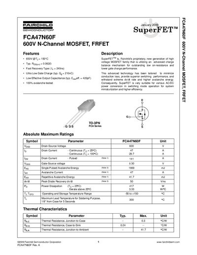 Fairchild Semiconductor FCA47N60F 600V N-Channel MOSFET Datasheet - cover page