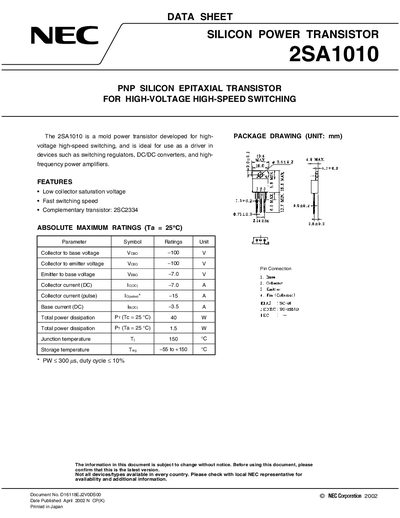 NEC 2SA1010 Datasheet - cover page