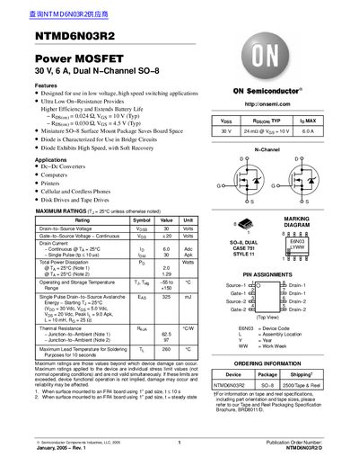 ON Semiconductor NTMD6N03R2 Power MOSFET Datasheet - cover page