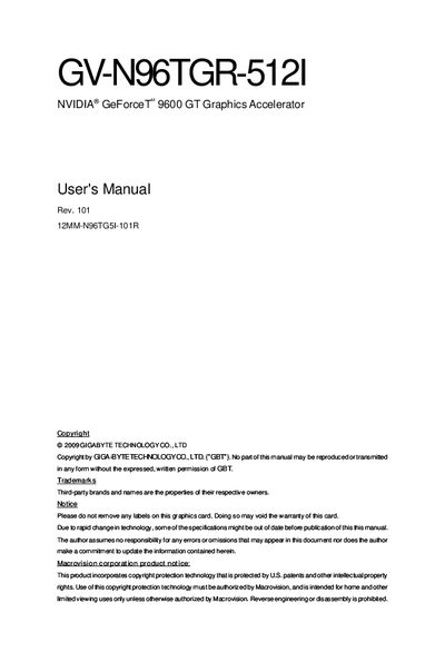 GIGABYTE GV-N96TGR-512I NVIDIA GeForce 9600 GT Graphics Accelerator User's Manual - cover page