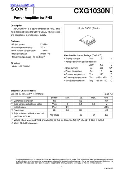 Sony CXG1030N Power Amplifier Datasheet - cover page