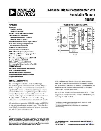Analog Devices AD5255 Digital Potentiometer Datasheet - cover page