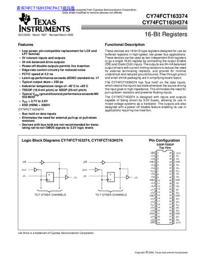 Texas Instruments CY74FCT163374 / CY74FCT163H374 Datasheet - cover page