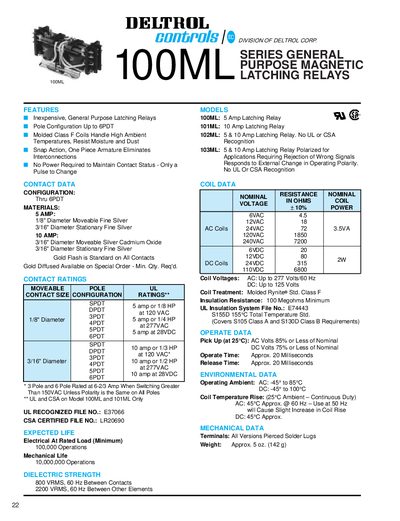 DELTROL 100ML Latching Relay Datasheet - cover page
