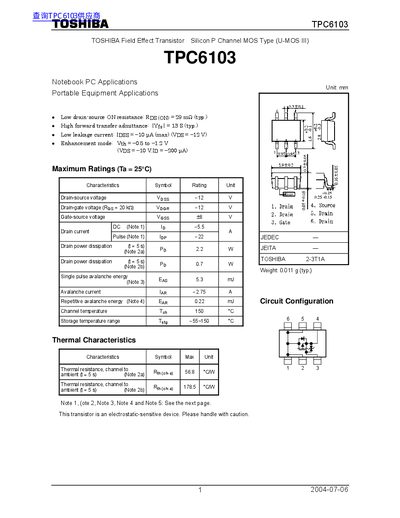 TOSHIBA TPC6103 P-Channel MOSFET Datasheet - cover page