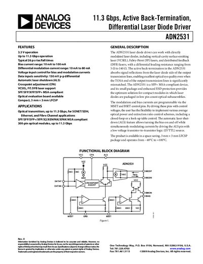 Analog Devices ADN2531 Laser Diode Driver Datasheet - cover page