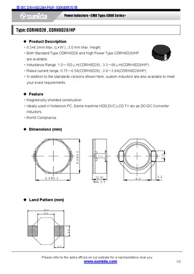 Sumida CDRH8D28 Datasheet - cover page