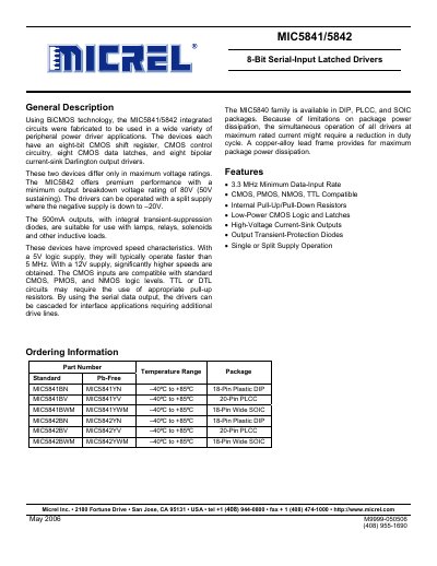 Micrel MIC5841/5842 8‑Bit Serial‑Input Latched Drivers Datasheet - cover page