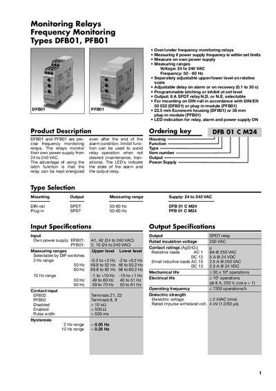 DFB01 / PFB01 Frequency Monitoring Relays Datasheet - cover page