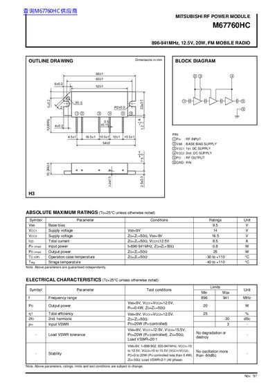 Mitsubishi M67760HC RF Power Module Datasheet - cover page