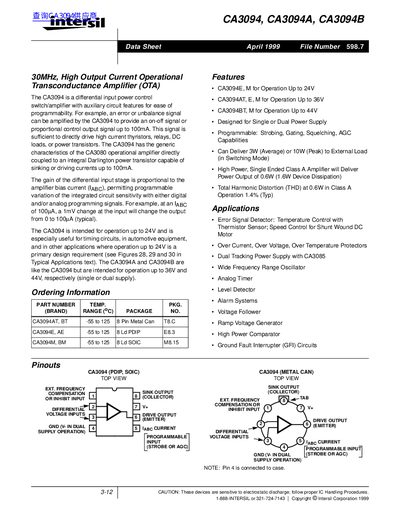 Intersil CA3094/CA3094A/CA3094B Operational Transconductance Amplifier Datasheet - cover page