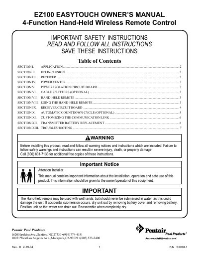 Pentair EZ100 4-Function Hand-Held Wireless Remote Control Owner's Manual - cover page