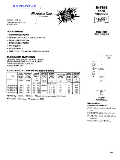 Microsemi Corp. 1N5615 thru 1N5623 Military Rectifiers Datasheet - cover page
