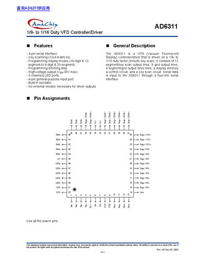 Anachip AD6311 VFD Controller/Driver Datasheet - cover page