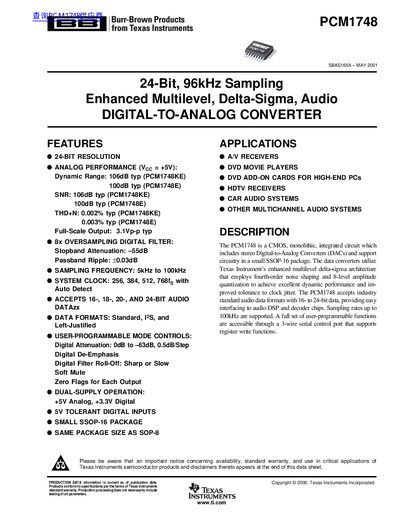TEXAS INSTRUMENTS PCM1748 handbook - cover page