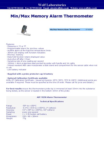 Wolf Laboratories ST-9258 Min/Max Memory Alarm Thermometer User Manual - cover page