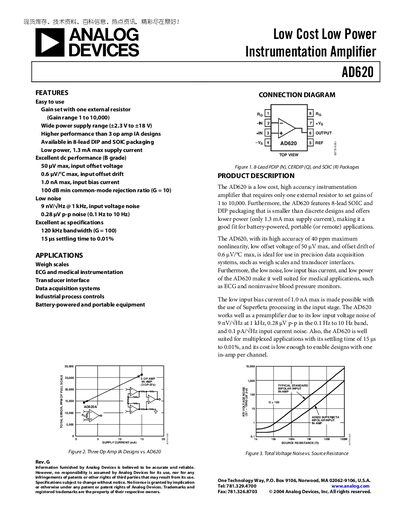 Analog Devices AD620 Instrumentation Amplifier Datasheet - cover page