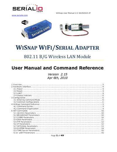 SERIALIO WiSnap User Manual 2.2 06252010-JF - cover page