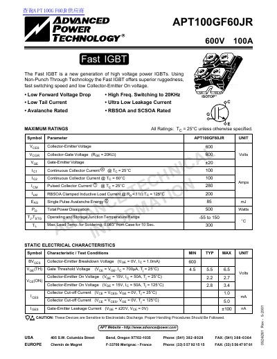 Advanced Power Technology APT100GF60JR Fast IGBT Datasheet - cover page
