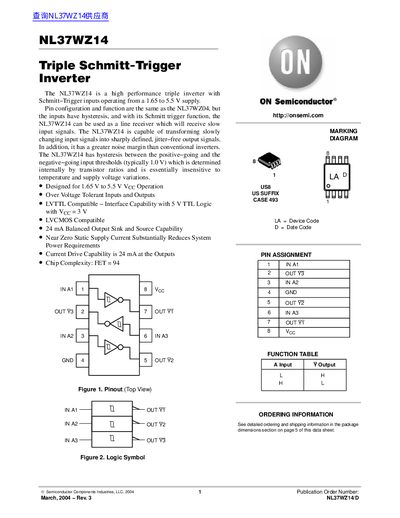 ON Semiconductor NL37WZ14 Triple Schmitt-Trigger Inverter Data Sheet - cover page