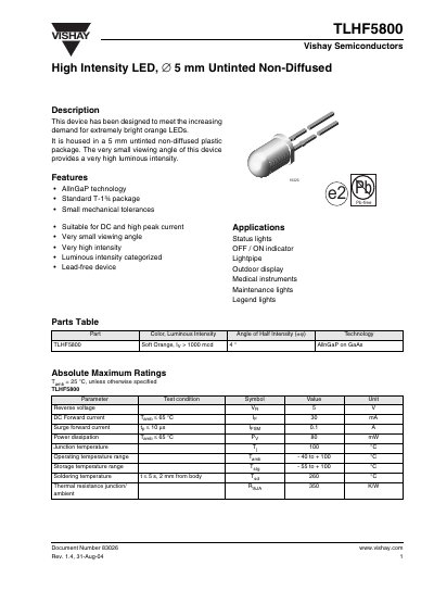 Vishay TLHF5800 High Intensity LED 5 mm Untinted Non‑Diffused Datasheet - cover page