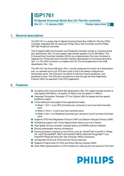 Philips ISP1761 Hi-Speed USB OTG Controller Datasheet - cover page