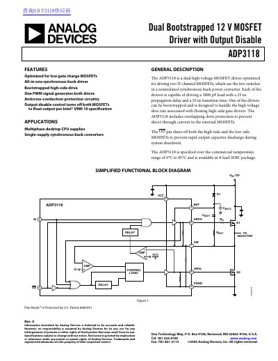 Analog Devices ADP3118 Dual Bootstrapped MOSFET Driver Datasheet - cover page