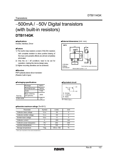 Rohm DTB1 14GK Digital Transistor Datasheet - cover page