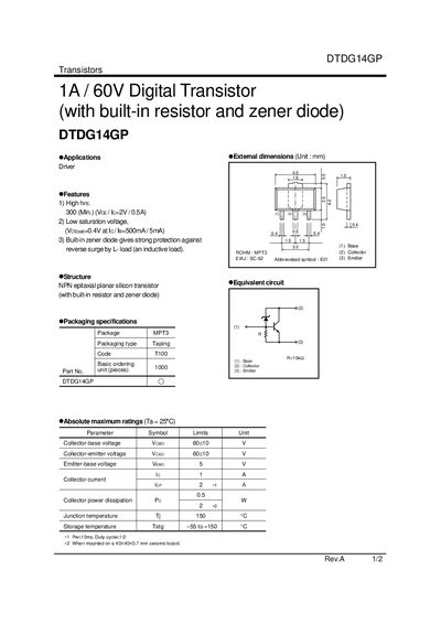 Rohm DTDG14GP 1A 60V Digital Transistor Datasheet - cover page