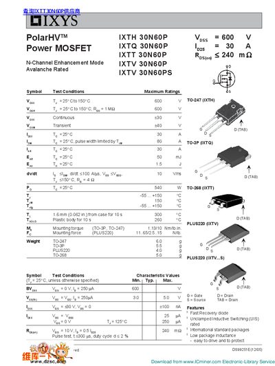 IXYS IXTH 30N60P IXTQ 30N60P IXTT 30N60P IXTV 30N60P IXTV 30N60PS handbook - cover page