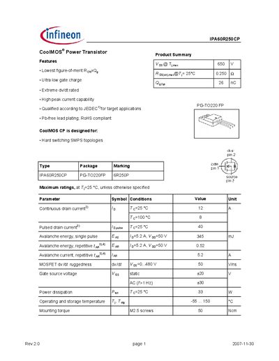 Infineon IPA60R250CP Datasheet - cover page
