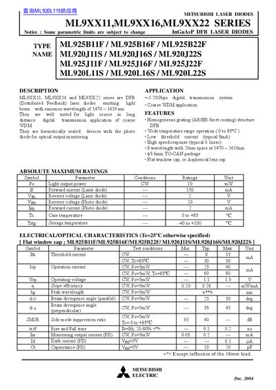 Mitsubishi ML9XX11, ML9XX16, ML9XX22 Series Datasheet - cover page