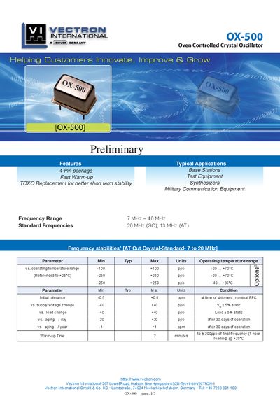 Vectron OX-500 Oven Controlled Crystal Oscillator Manual - cover page
