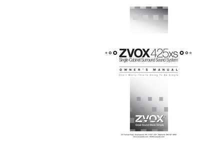 ZVOX 425xs Single-Cabinet Surround Sound System User Manual - cover page