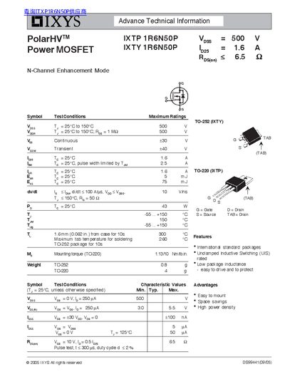 IXYS IXTP1R6N50P/IXTY1R6N50P MOSFET Datasheet - cover page