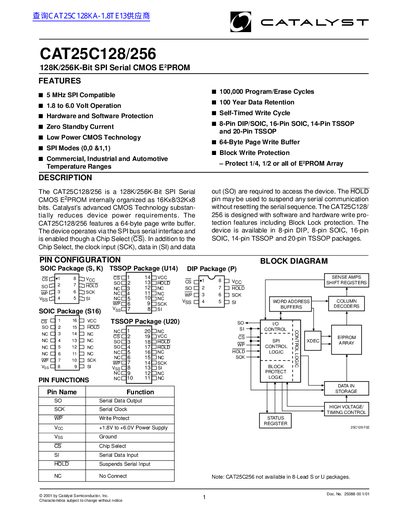 CATALYST CAT25C128/256 128K/256K-Bit SPI Serial CMOS E 2 PROM Manual