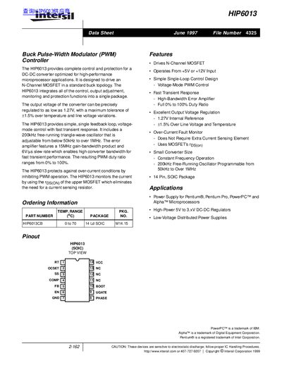 Intersil HIP6013 Buck PWM Controller Datasheet - cover page