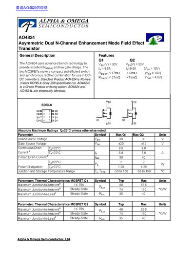 Alpha & Omega AO4824 Asymmetric Dual N-Channel Enhancement Mode FET Datasheet - cover page