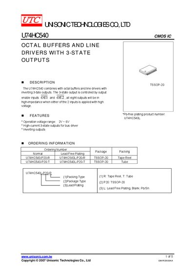 Unisonic Technologies U74HC540 Datasheet - cover page