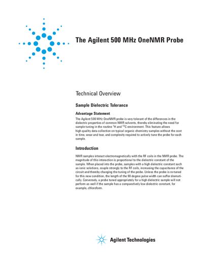 Agilent 500 MHz OneNMR Probe Technical Overview - cover page