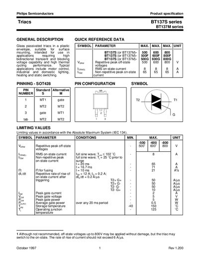 Philips Semiconductors BT137S Series Triac Data Sheet - cover page