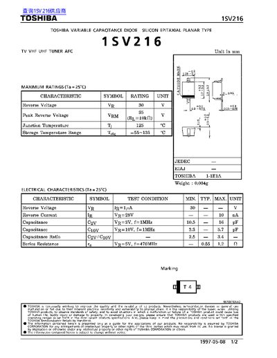Toshiba 1SV216 Variable Capacitance Diode Datasheet - cover page