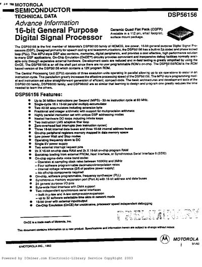 MOTOROLA Semicustom DSP56456 TECHNIAL DATA