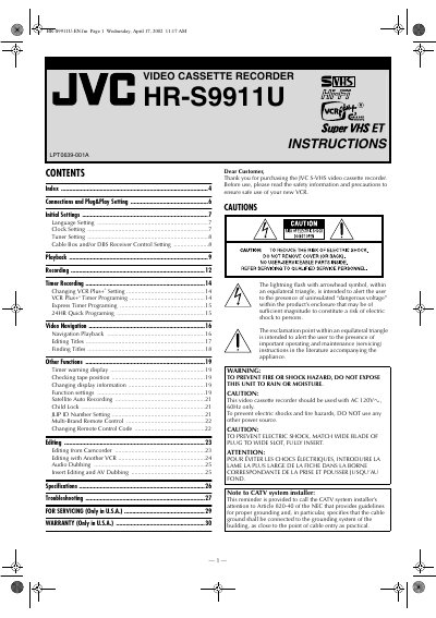JVC HR-S9911U Video Cassette Recorder Instructions - cover page