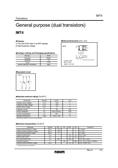 ROHM IMT4 Transistor Datasheet - cover page
