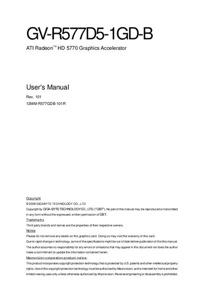Gigabyte GV-R577D5-1GD-B ATI Radeon HD 5770 Graphics Accelerator User Manual - cover page