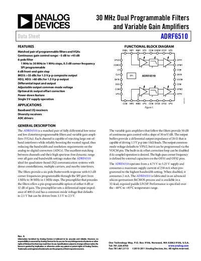 Analog Devices ADRF6510 Dual Programmable Filters and Variable Gain Amplifiers Datasheet - cover page